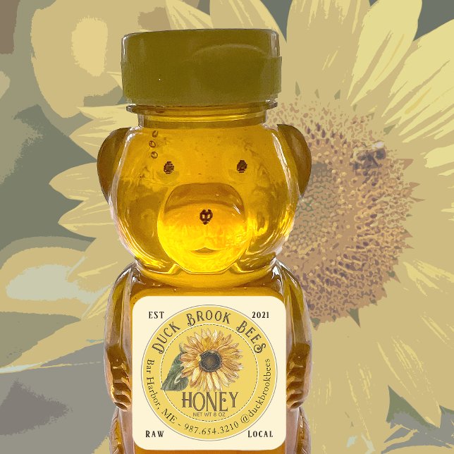 Pegatina Cuadrada Girasol con Bees Honey Bear Label 8 y 12 oz (Subido por el creador)