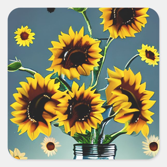Pegatina Cuadrada Girasol en Mason Jar Art (Anverso)