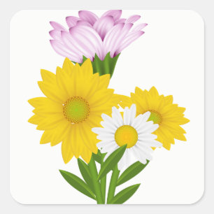 Pegatina Cuadrada Girasoles Amarillos Florales y Flores de Margarita