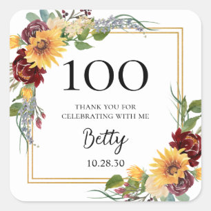 Pegatina Cuadrada Girasoles Cumpleaños Número 100 Gracias