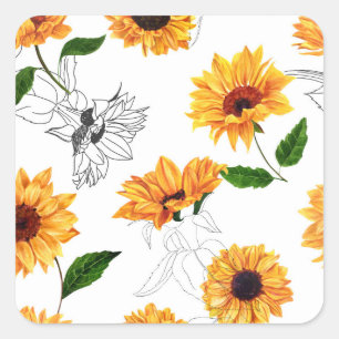 Pegatina Cuadrada girasoles dibujados a mano: patrón amarillo vibran