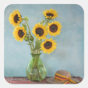 Pegatina Cuadrada Girasoles en jarrón sobre mesa