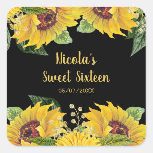 Pegatina Cuadrada Girasoles y Follaje Elegantes para Cumpleaños Diec