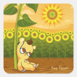 Pegatina Cuadrada Girasoles y oso de Kawaii