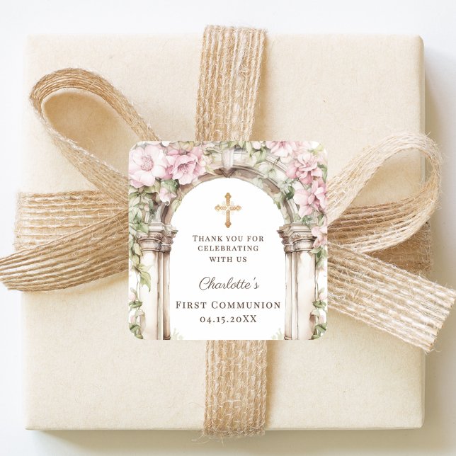 Pegatina Cuadrada Girl First Communion Pink Florals Arch Cross (Subido por el creador)