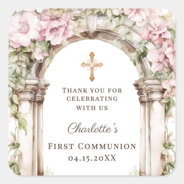 Pegatina Cuadrada Girl First Communion Pink Florals Arch Cross (Anverso)