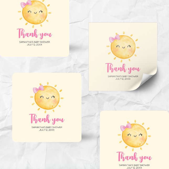Pegatina Cuadrada Girl Little Ray of Sunshine Baby Shower Square (Little Ray of Sunshine Boho Baby Shower Square Sticker)