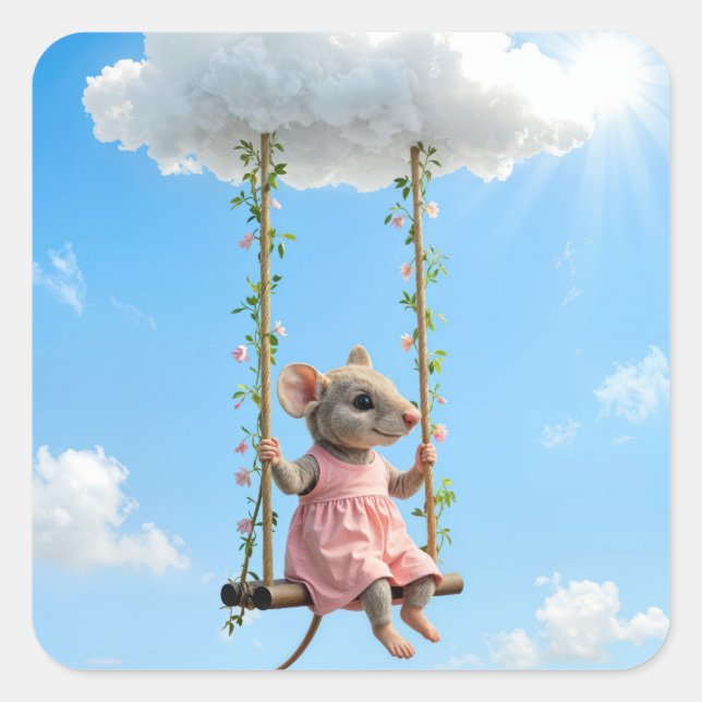 Pegatina Cuadrada Girl Mouse On a Summer Swing (Anverso)