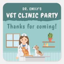 Pegatina Cuadrada Girl Veterinarian Pet Clinic Birthday Thank You