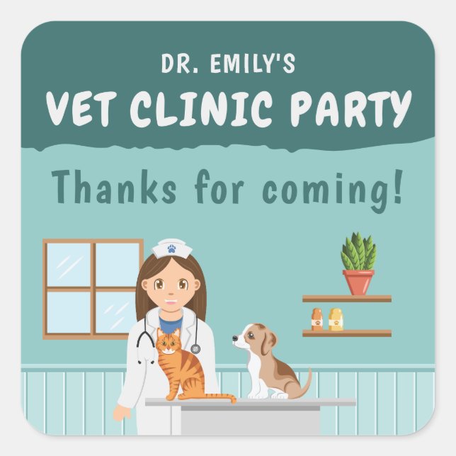 Pegatina Cuadrada Girl Veterinarian Pet Clinic Birthday Thank You (Anverso)