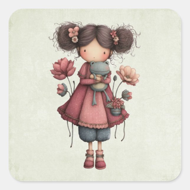Pegatina Cuadrada Girl with A Frog Doll Cute Whimsical (Anverso)
