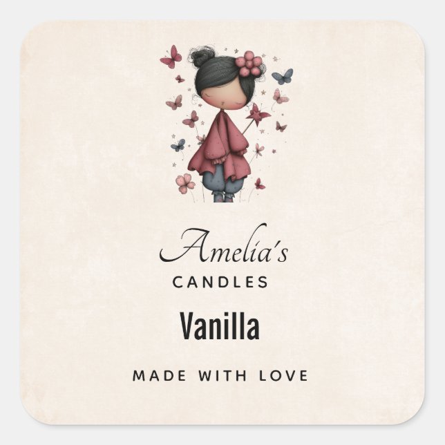 Pegatina Cuadrada Girl with Magic Wand and Butterflies Candle (Anverso)