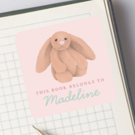 Pegatina Cuadrada Girls Cute Bunny “This Book Belongs” Bookplate