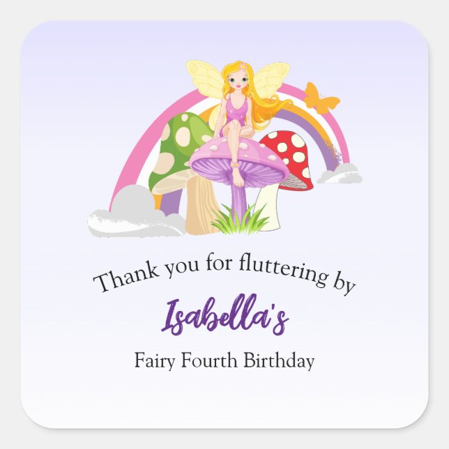 Pegatina Cuadrada Girls Fairy Mushroom Rainbow Birthday  (Anverso)