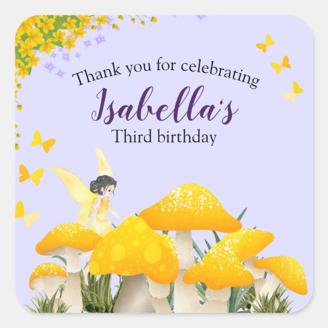 Pegatina Cuadrada Girls Fairy Yellow Mushroom Butterfly Birthday (Anverso)
