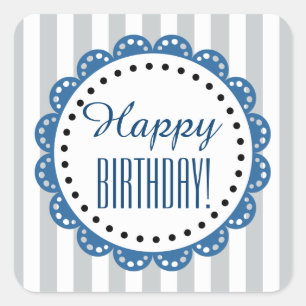 Pegatina Cuadrada Girly Happy Birthday SILVER Stripes BLUE Lace B02