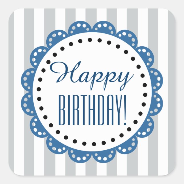 Pegatina Cuadrada Girly Happy Birthday SILVER Stripes BLUE Lace B02 (Anverso)