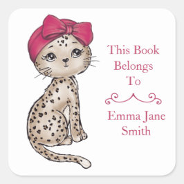Pegatina Cuadrada Girly Leopard Baby W/Red Bow Turban Bookplate