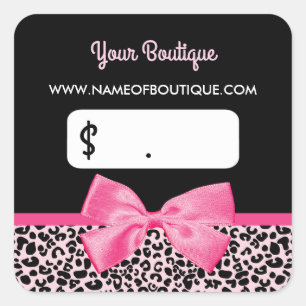 Pegatina Cuadrada Girly Pink Leopard Print Bow Boutique Price Tag