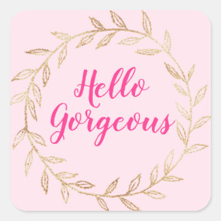 Pegatina Cuadrada Girly Pretty Rubor Rosa Hola Hermosa Corona Dorada