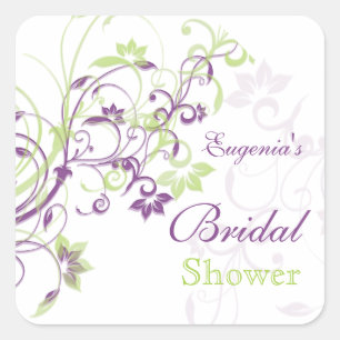 Pegatina Cuadrada Giros florales de color verde púrpura Bridal Showe