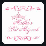Pegatina Cuadrada Giros rosas, logotipo de Tiara Bat Mitzvah<br><div class="desc">Remolques rosas y Tiara con imágenes digitales de perlas rosas y piedra de gema en forma de corazón,  Pegatina Bat Mitzvah. Puedes usarlo para diferentes ocasiones.</div>