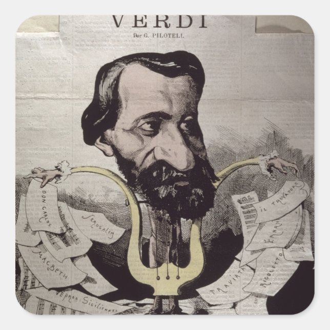 Pegatina Cuadrada Giuseppe Verdi , caricatura, años 60 (Anverso)