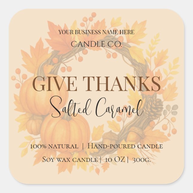 Pegatina Cuadrada Give Thanks Salted Caramel Candle Label (Anverso)