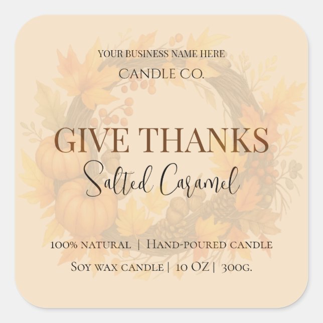 Pegatina Cuadrada Give Thanks Salted Caramel Candle Label (Anverso)