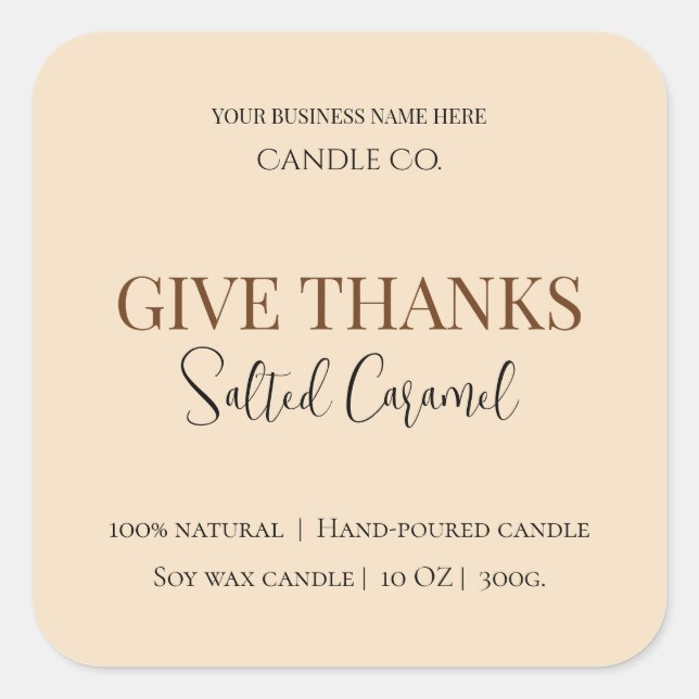 Pegatina Cuadrada Give Thanks Salted Caramel Candle Label (Anverso)