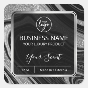 Pegatina Cuadrada Glam Agate Purpurina Plata Etiquetas de Velas Negr