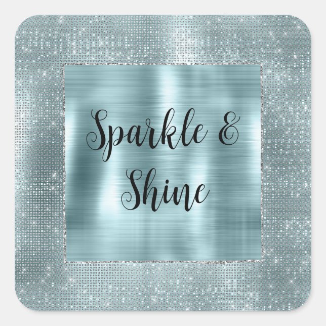 Pegatina Cuadrada Glam Aqua Glitzy Silver Sparkle (Anverso)