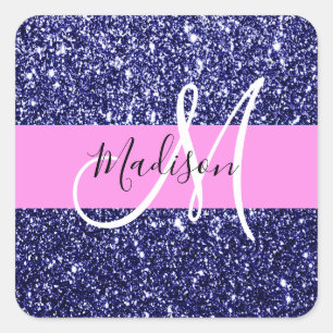 Pegatina Cuadrada Glam Azul Marino Rosa Brillo Destellos Monograma N