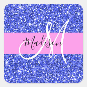 Pegatina Cuadrada Glam Azul Oscuro Rosa Brillo Destellos Monograma N