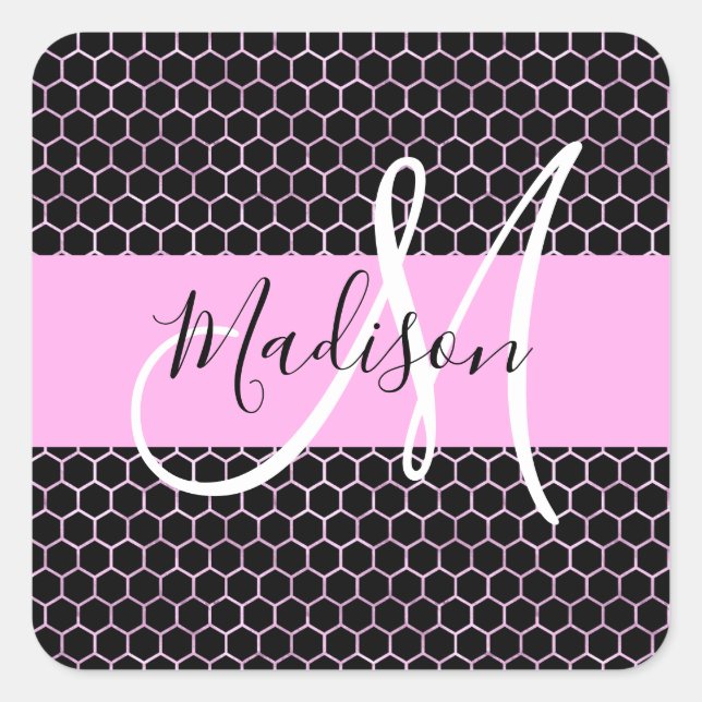 Pegatina Cuadrada Glam Black Metallic Pink Honeycomb Monograma Nombr (Anverso)