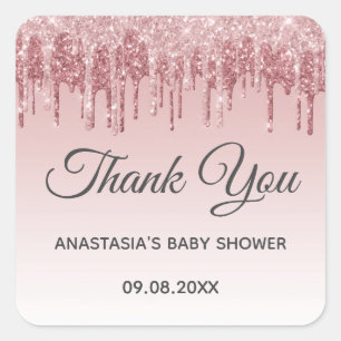 Pegatina Cuadrada Glam Blush Rosa Dorado Glitter Gracias Baby Shower