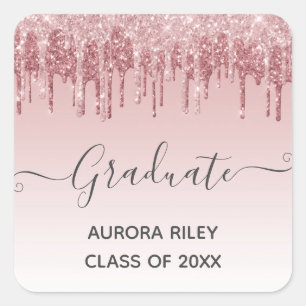 Pegatina Cuadrada Glam Blush Rosa Oro Goteo Glitter Graduación