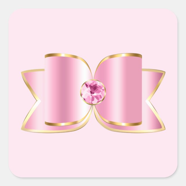 Pegatina Cuadrada Glam Bow rosa con piedra angular (Anverso)