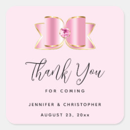 Pegatina Cuadrada Glam Bow rosado con Boda central de gemas gracias