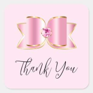 Pegatina Cuadrada Glam Bow rosado con piedra angular gracias