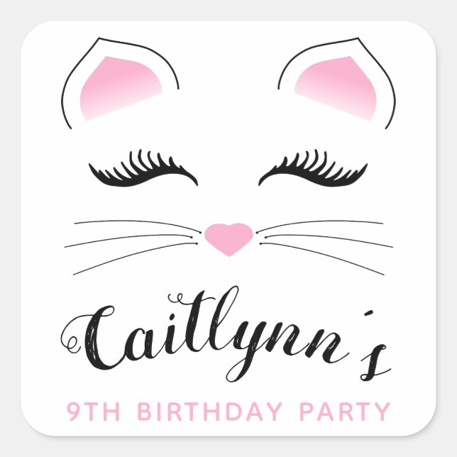 Pegatina Cuadrada Glam Cat Birday Party (Anverso)