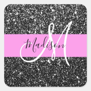 Pegatina Cuadrada Glam Chic Rosa Negro Brillo Destello Nombre Monogr