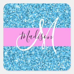 Pegatina Cuadrada Glam Cielo Azul Rosa Brillo Purpurina Monograma No