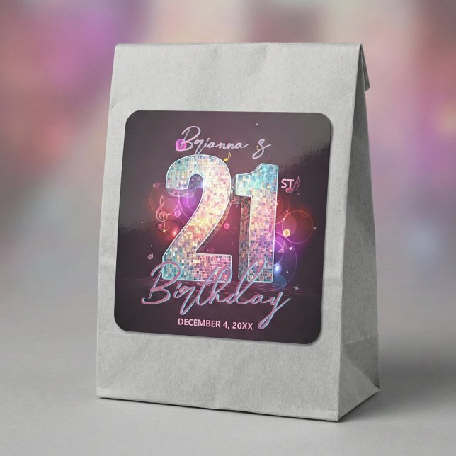 Pegatina Cuadrada Glam Disco Ball Musical Notes Pink 21st Birthday (Subido por el creador)