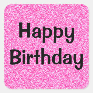 Pegatina Cuadrada Glam Feliz Cumpleaños Negro Brillante Glitter Rosa