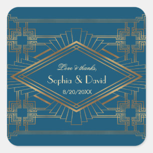 Pegatina Cuadrada Glam Gold Great Gatsby Ocean Blue Boda