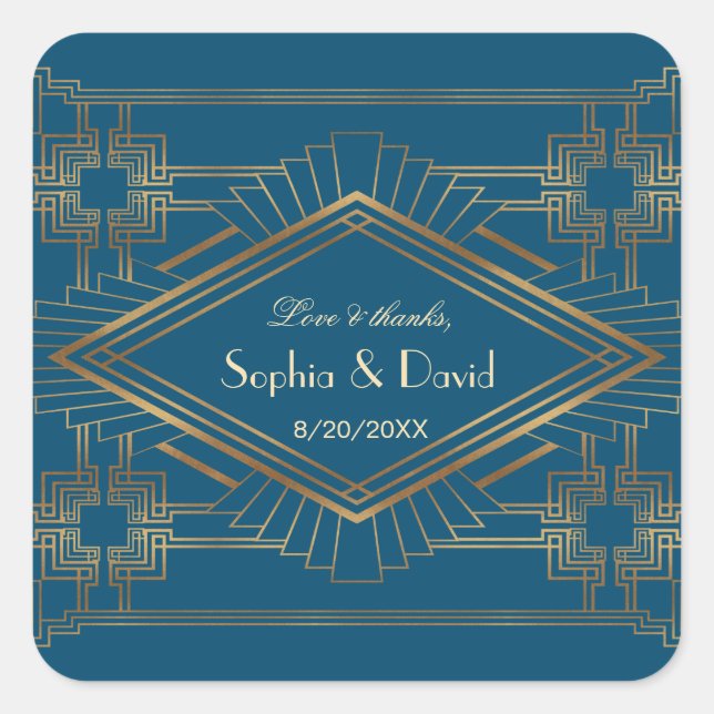 Pegatina Cuadrada Glam Gold Great Gatsby Ocean Blue Boda (Anverso)