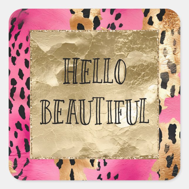 Pegatina Cuadrada Glam Gold Leopard Girly Pink (Anverso)
