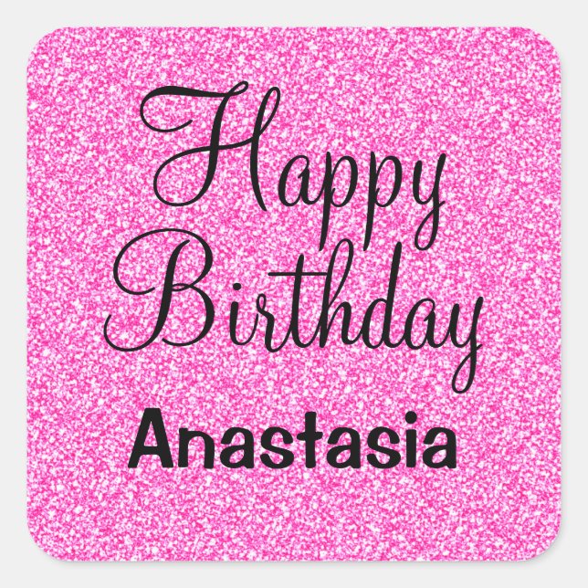 Pegatina Cuadrada Glam Happy Birday Hot Pink Purpurina Sparkle Name (Anverso)