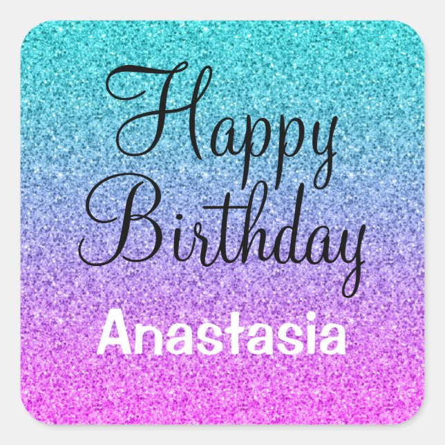 Pegatina Cuadrada Glam Happy Birday Ombre Pink Blue Purple Purpurina (Anverso)